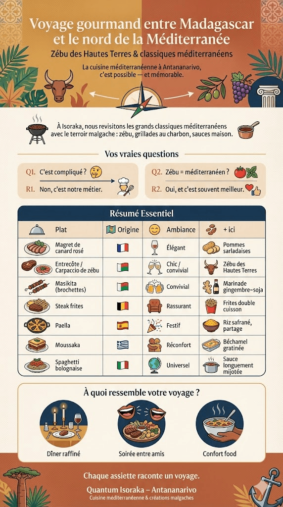 Infographie verticale présentant un voyage gourmand entre Madagascar et le nord de la Méditerranée, avec plats au zébu, magret, paella, moussaka et spaghetti bolognaise, pour le restaurant Quantum Isoraka à Antananarivo.(see the generated image above)
