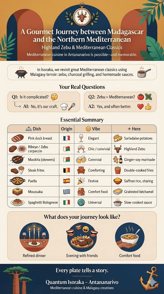 Vertical infographic showing a gourmet journey from Madagascar to the northern Mediterranean, with zebu dishes, duck breast, paella, moussaka and spaghetti bolognese for Quantum Isoraka restaurant in Antananarivo.(see the generated image above)