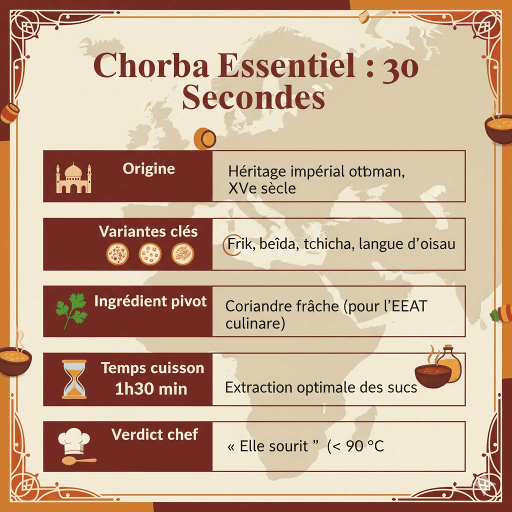Tableau infographic présentant les critères stratégiques de la chorba : origine ottomane, principales variantes, coriandre comme ingrédient clé, temps de cuisson long et citation de chef.
