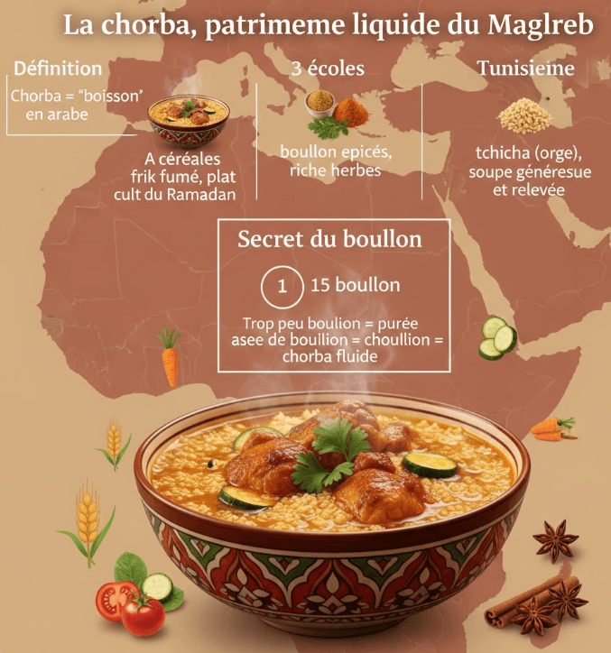 Infographie expliquant la chorba, soupe traditionnelle maghrébine, ses trois variantes algérienne, marocaine, tunisienne et le ratio 1 volume de céréales pour 15 volumes de bouillon.