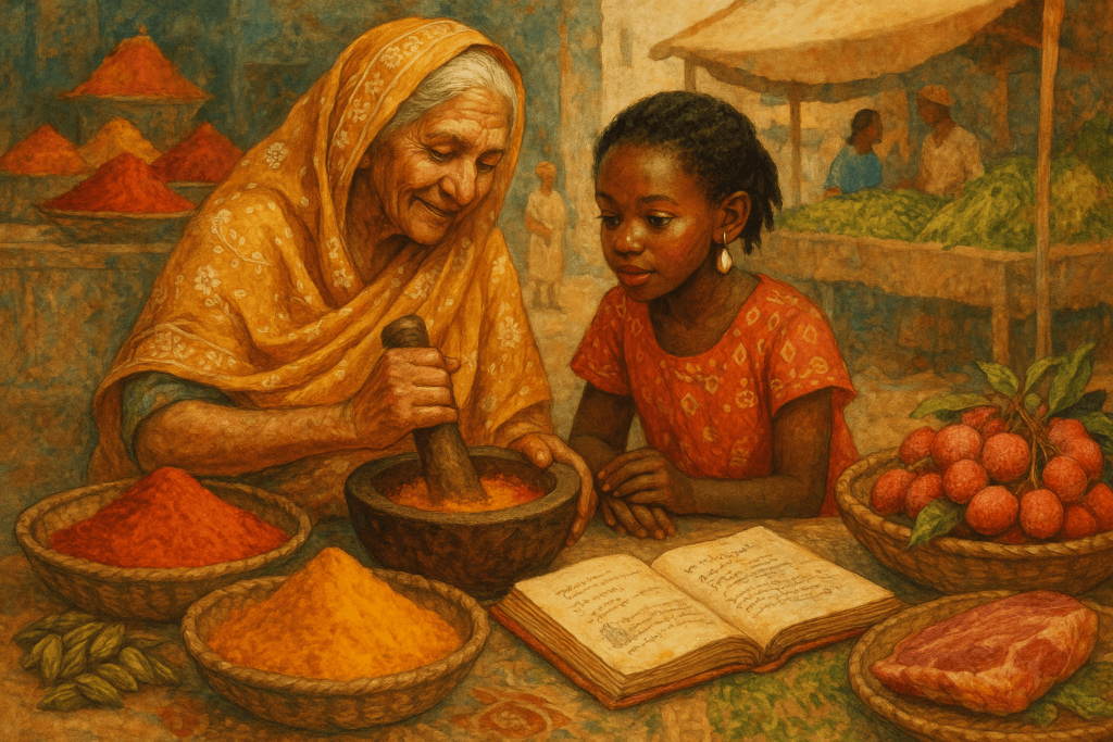 Animation de navires marchands du IXe siècle traversant l'océan Indien, avec des cartes anciennes montrant les routes entre l'Inde et Madagascar