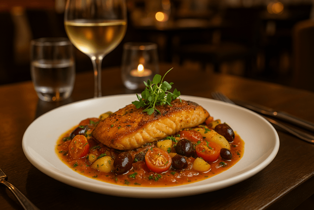 Assiette de spécialité méditerranéenne au Quantum Isoraka, mélangeant traditions culinaires et influences malgaches, avec des ingrédients frais et des épices aromatiques.