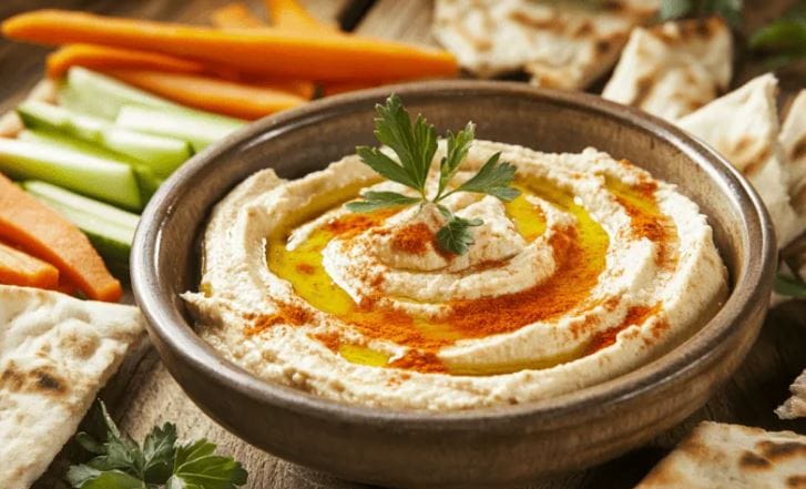 Assiette de houmous crémeux garnie d’huile d’olive, de paprika et d’un brin de persil, servie avec des bâtonnets de légumes et du pain pita.