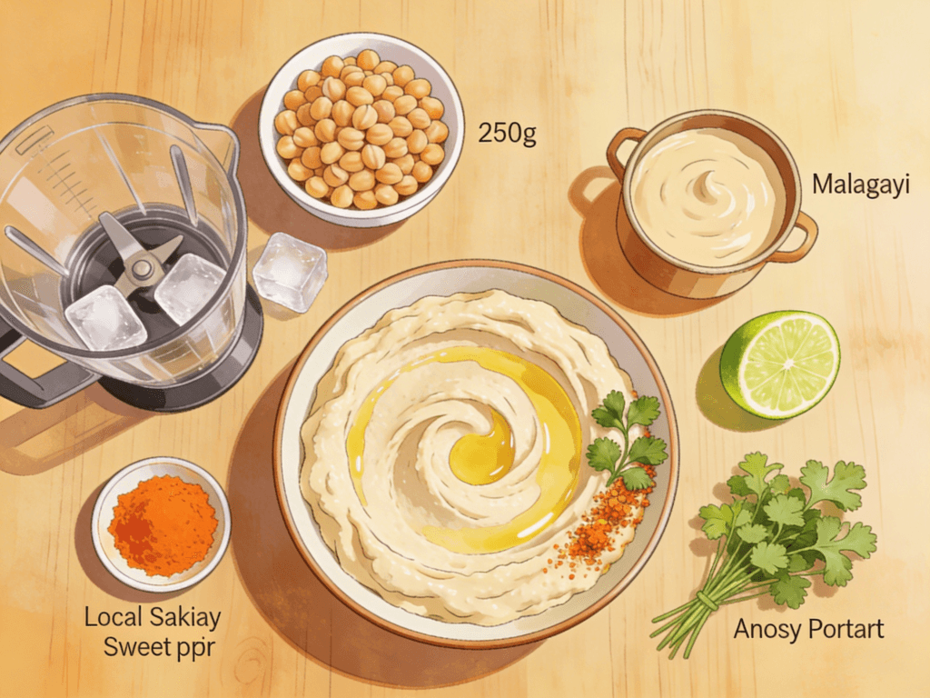 Houmous Quantum Style dans un bol avec pois chiches, tahiné, sakay et coriandre fraîche sur un plan de travail à Antananarivo.