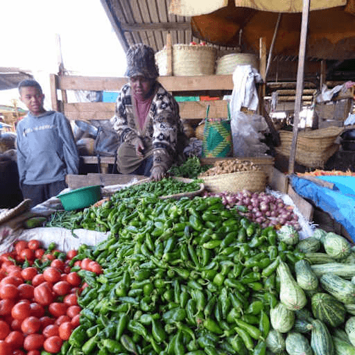 Vendeur au marché d’Anosibe à Antananarivo devant un étal de tomates, piments verts, oignons et petites aubergines des Hautes Terres