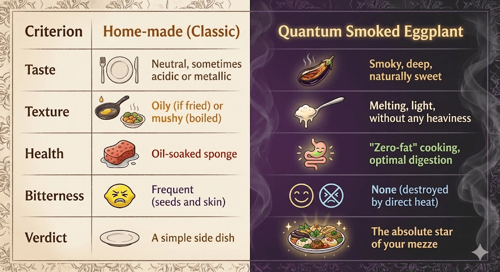 Comparative infographic chart detailing taste, texture, health, and bitterness differences between classic homemade eggplant and Quantum Isoraka's signature smoked eggplant.